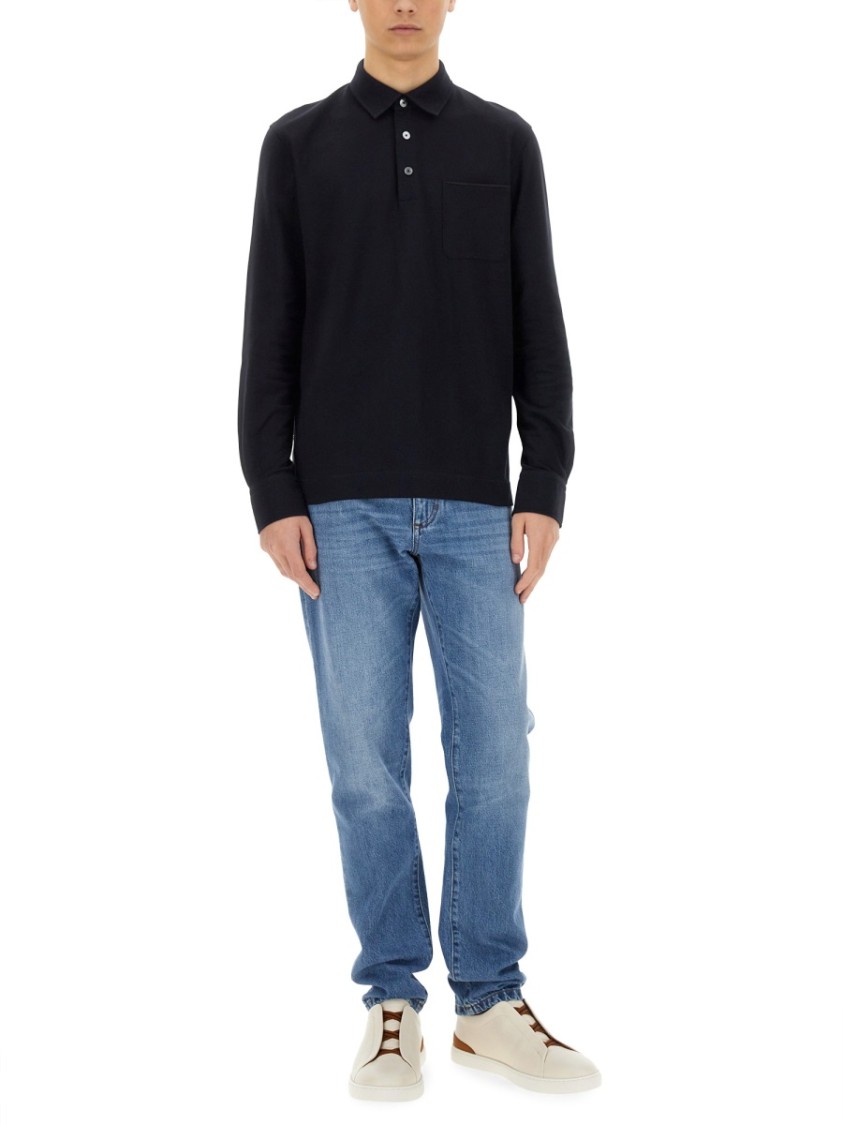 Shop Zegna Long-sleeved Cotton Polo In Blue