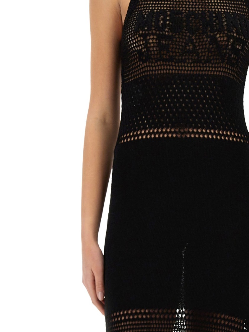 Moschino Open-knit Maxi Dress With Signature Logo In Black