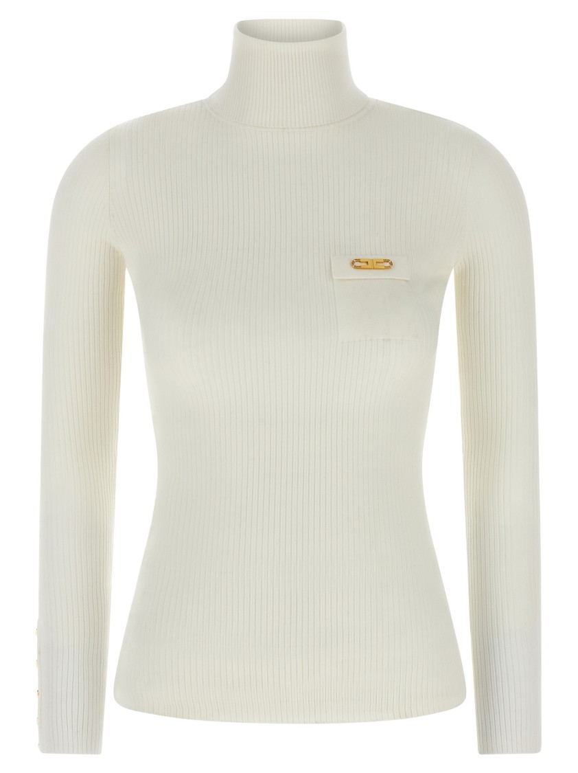 Elisabetta Franchi Maglia A Costine Con Taschino Avorio In White