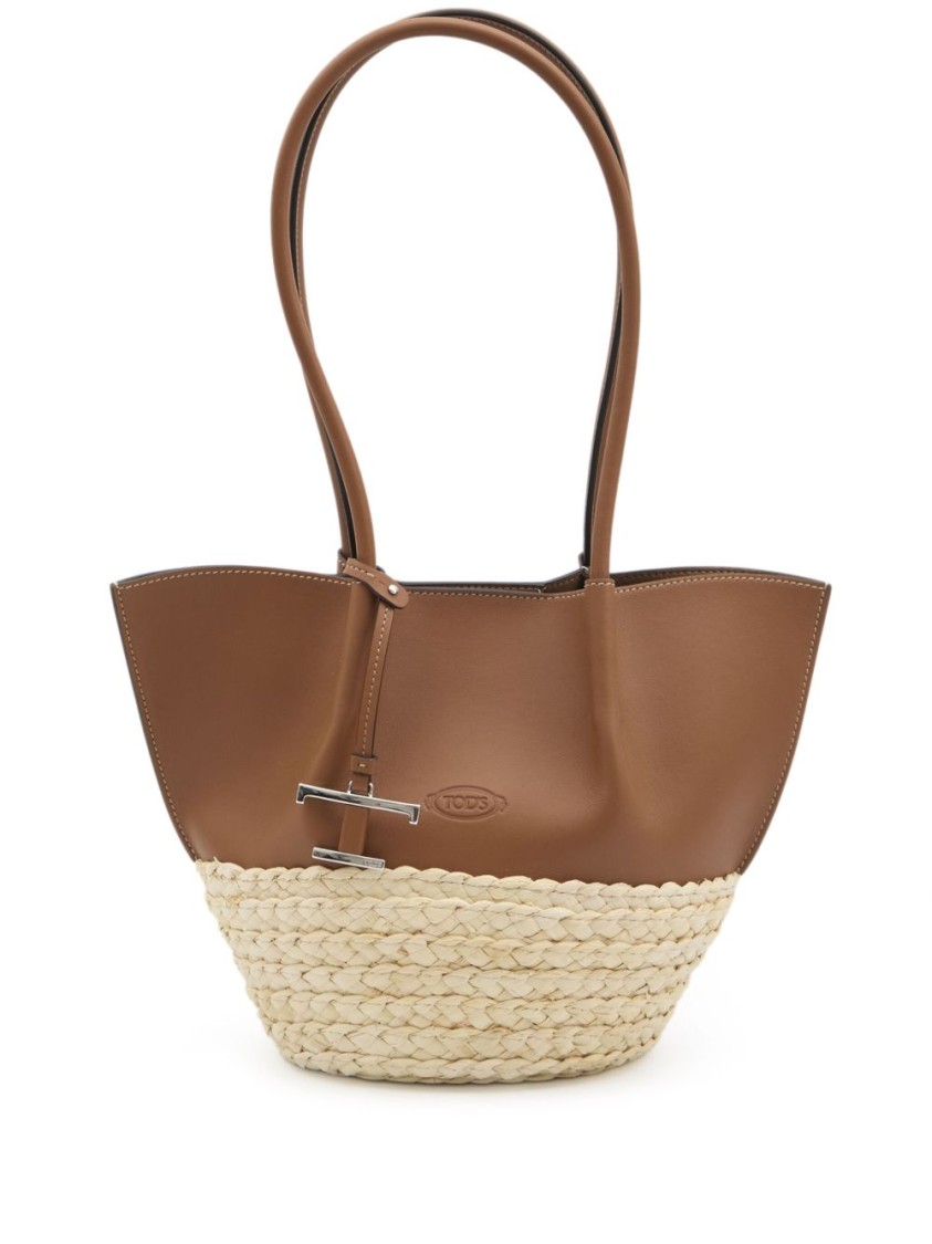 TOD'S TOD'S COGNAC BROWN LEATHER TOTE WITH WOVEN RAFFIA PANEL