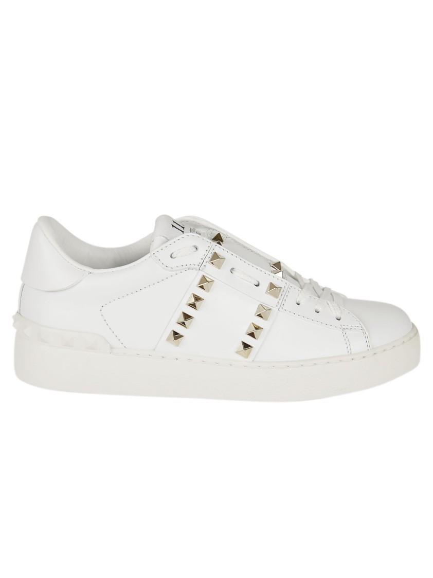 Valentino Studded Leather Flat Sole Sneakers In White