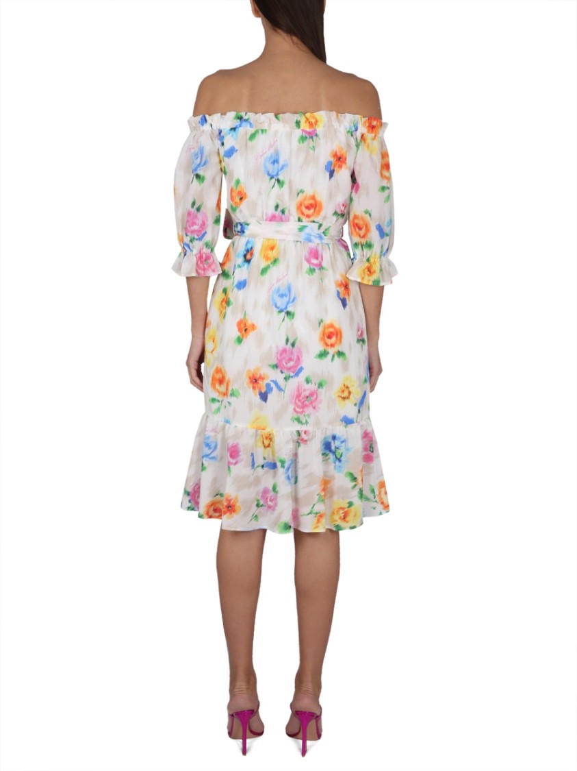 Boutique Moschino Floral Pattern Mini Dress With Boat Neckline And Balloon Sleeves In Pink