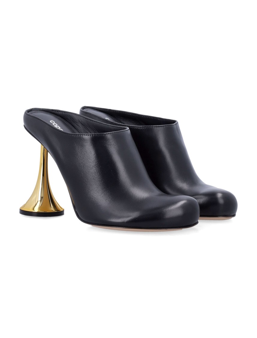 Coperni Black Leather Mules With Sculptural Gold-heel Design In Black