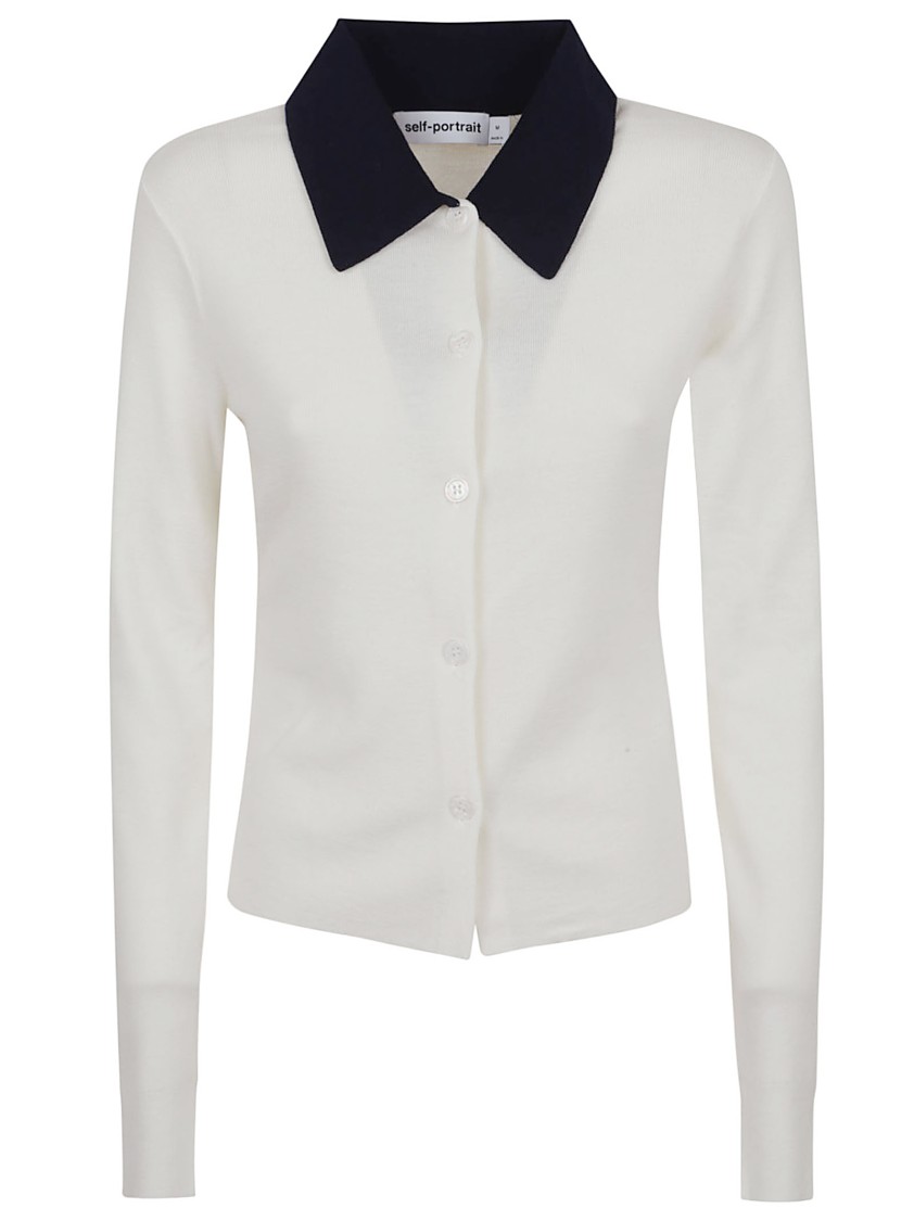 Self-portrait Button-front Cream Merino Wool Cardigan With Contrasting Collar In White