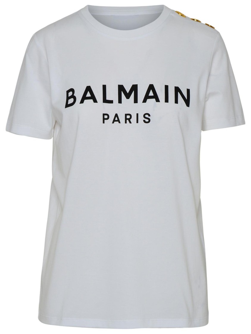 Balmain White Crewneck T-shirt With Logo Print And Golden Buttons In Jersey Woman In White