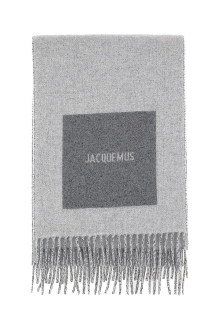 Jacquemus Fringed Wool Scarf With Logo Detail In Gray