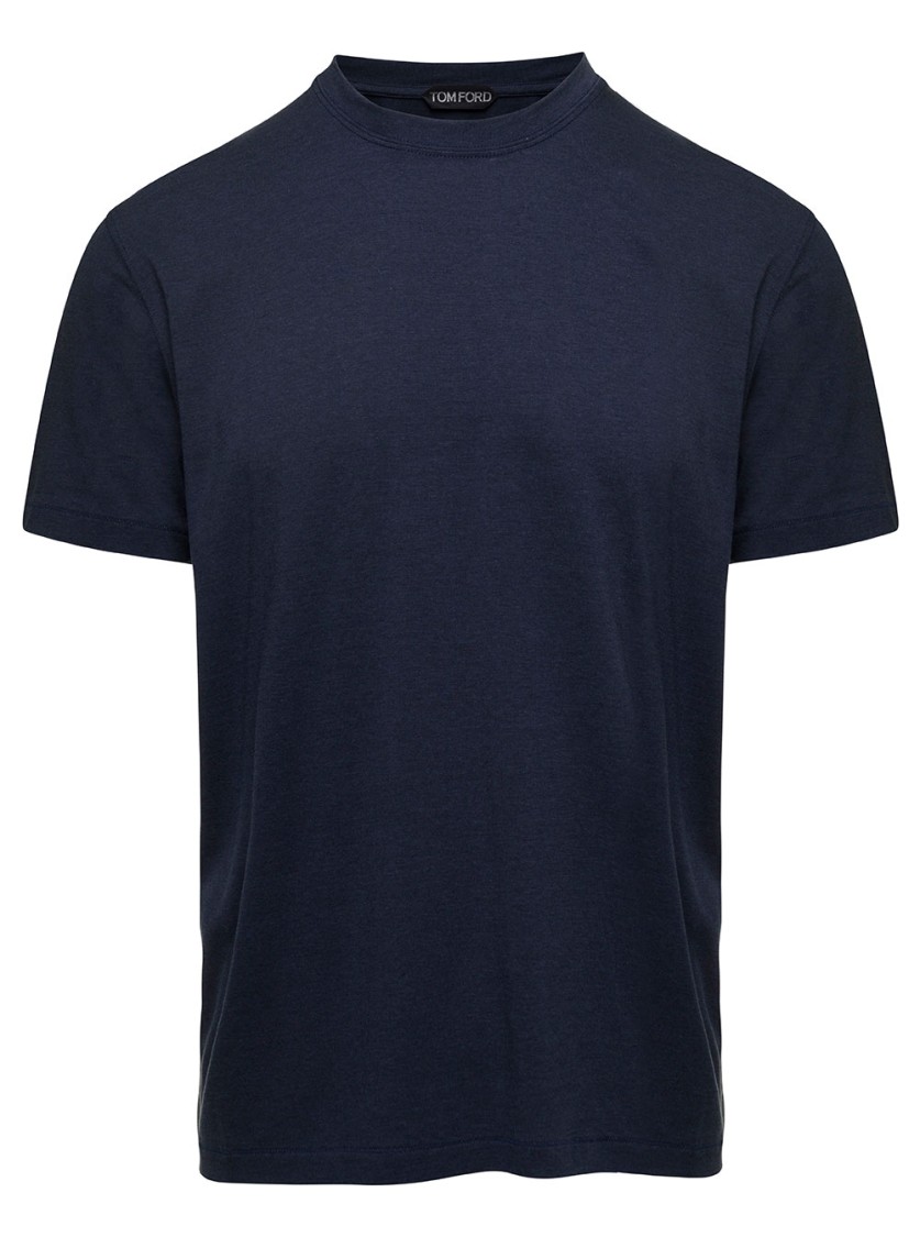 TOM FORD TOM FORD BLUE EMBROIDERED LOGO CREW NECK T-SHIRT