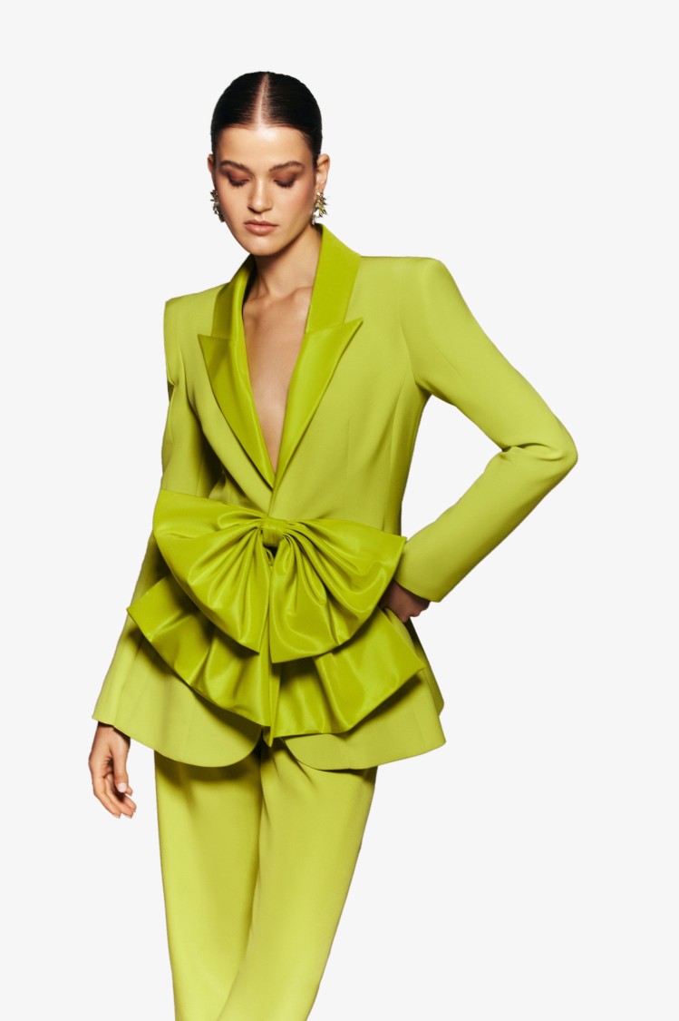 Saiid Kobeisy Crepe Tailored Jacket With Taffeta Collar And Bow In Yellow