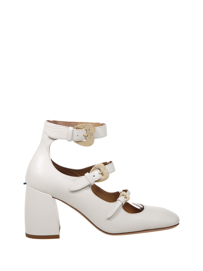 A. Bocca Pointed Toe Leather Pumps With Decorative Straps In White
