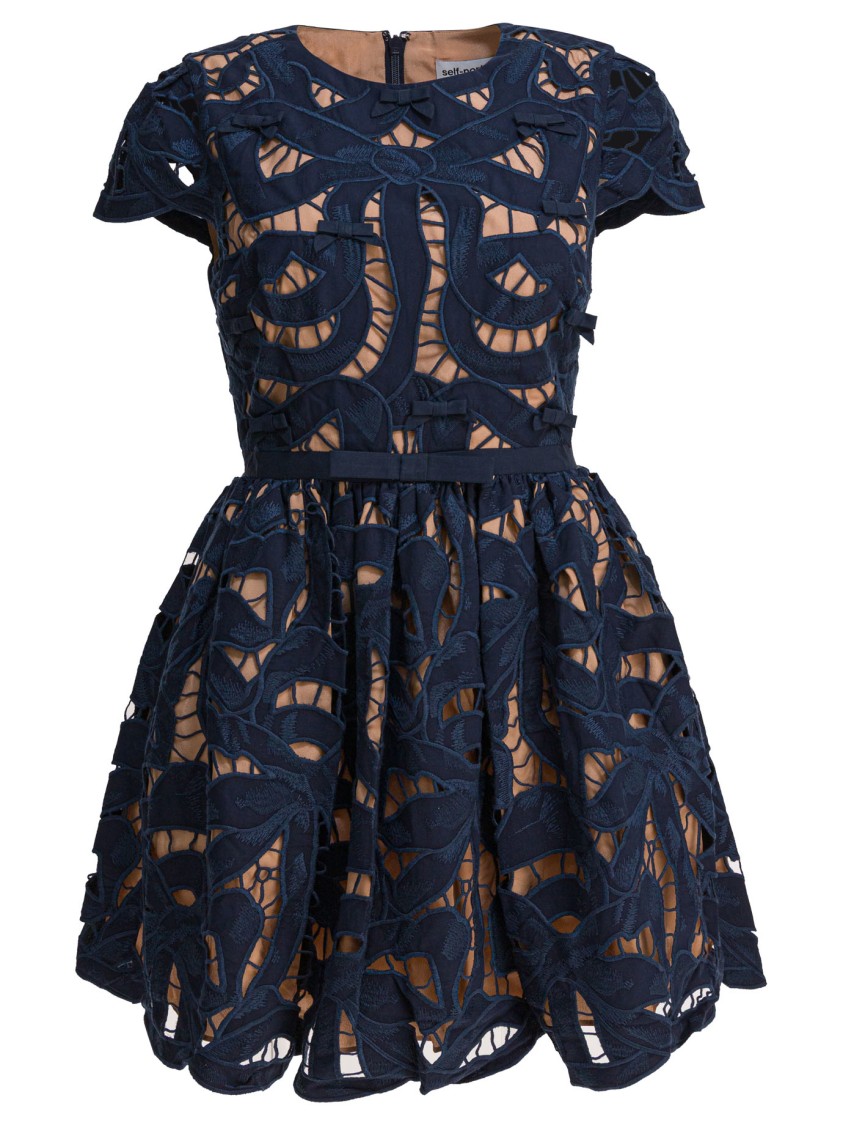 Self-portrait Navy Bow Embroidered Mini Dress In Blue
