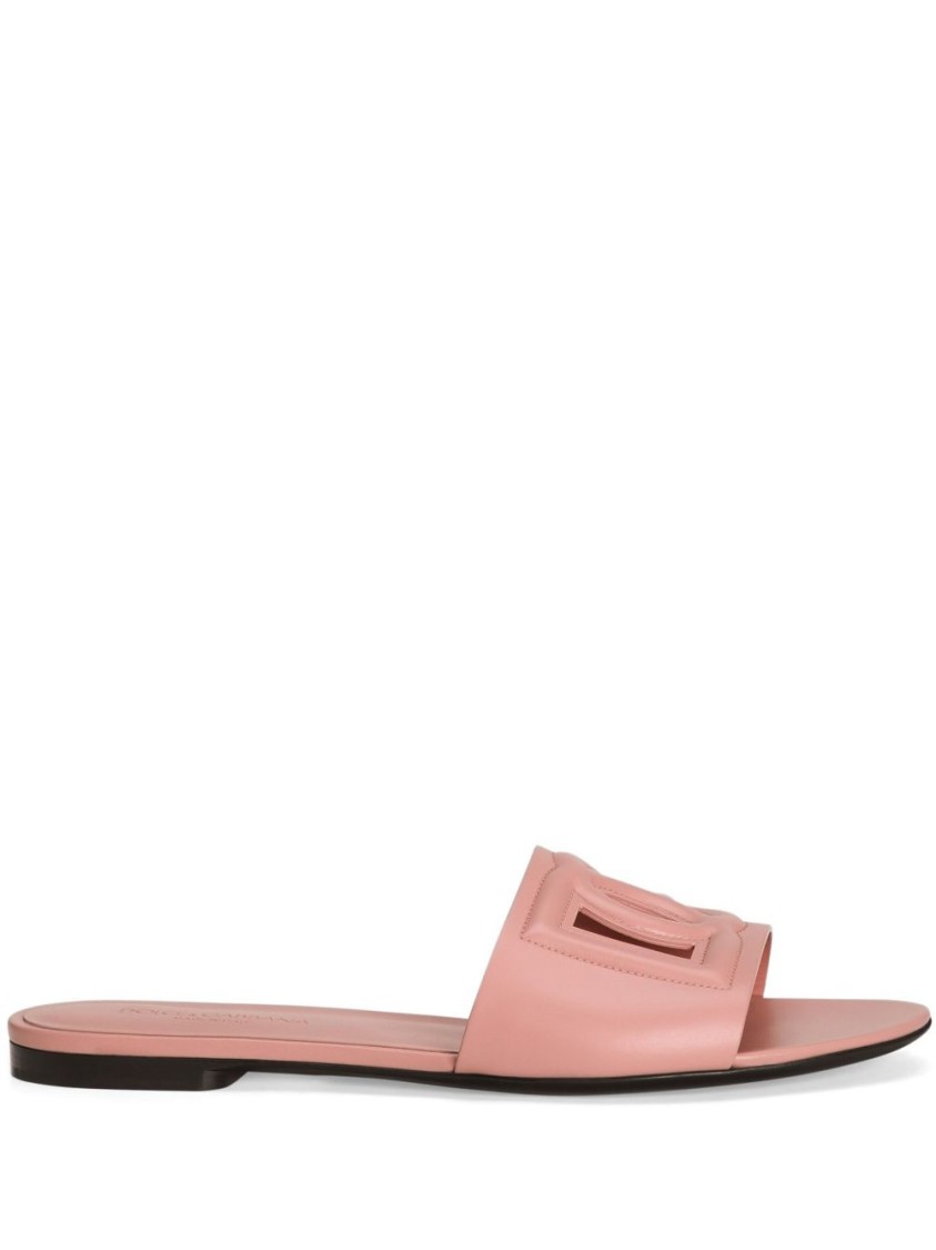 Shop Dolce & Gabbana Pastel Pink Leather Slipper With Embossed Logo