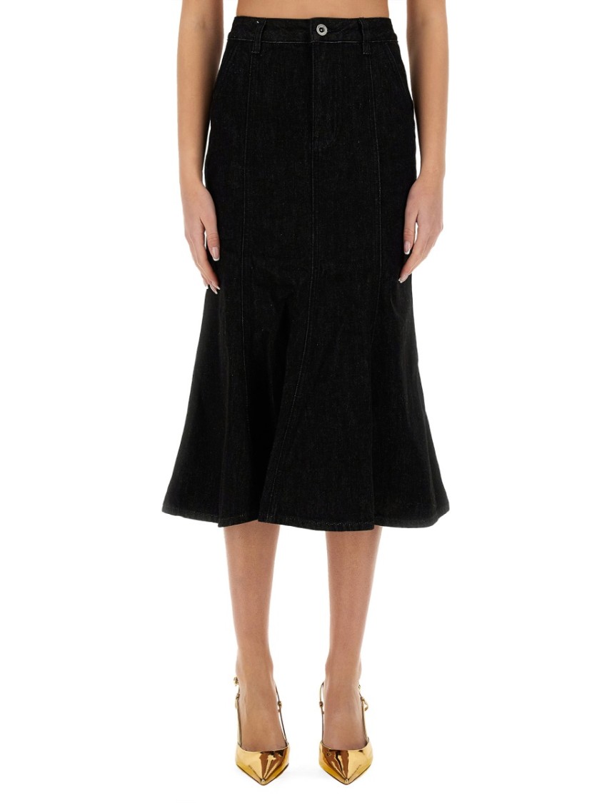 Self-portrait Denim Flared Midi Skirt In Black
