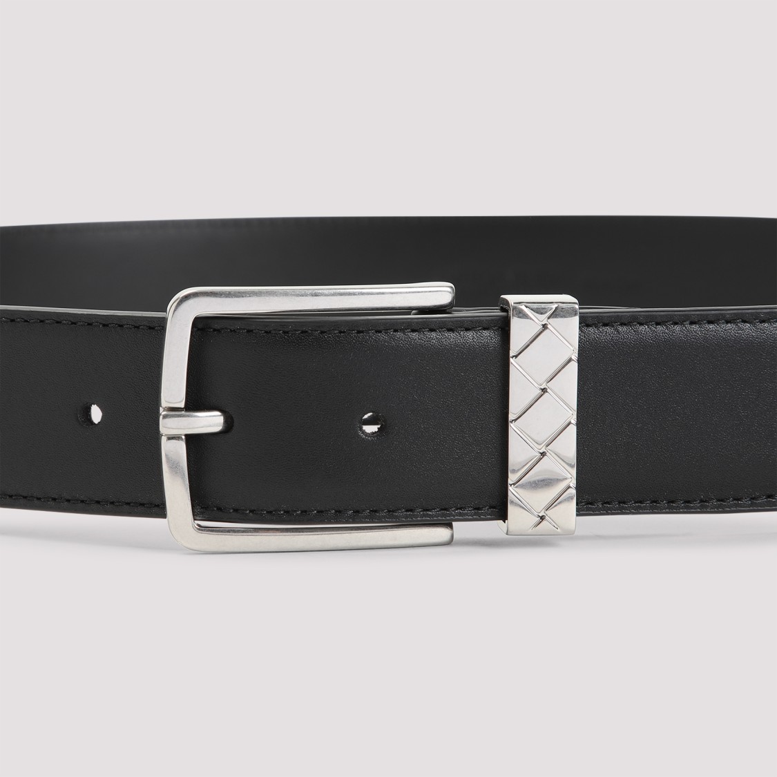 Shop Bottega Veneta Black Silver Intreccio Leather Belt