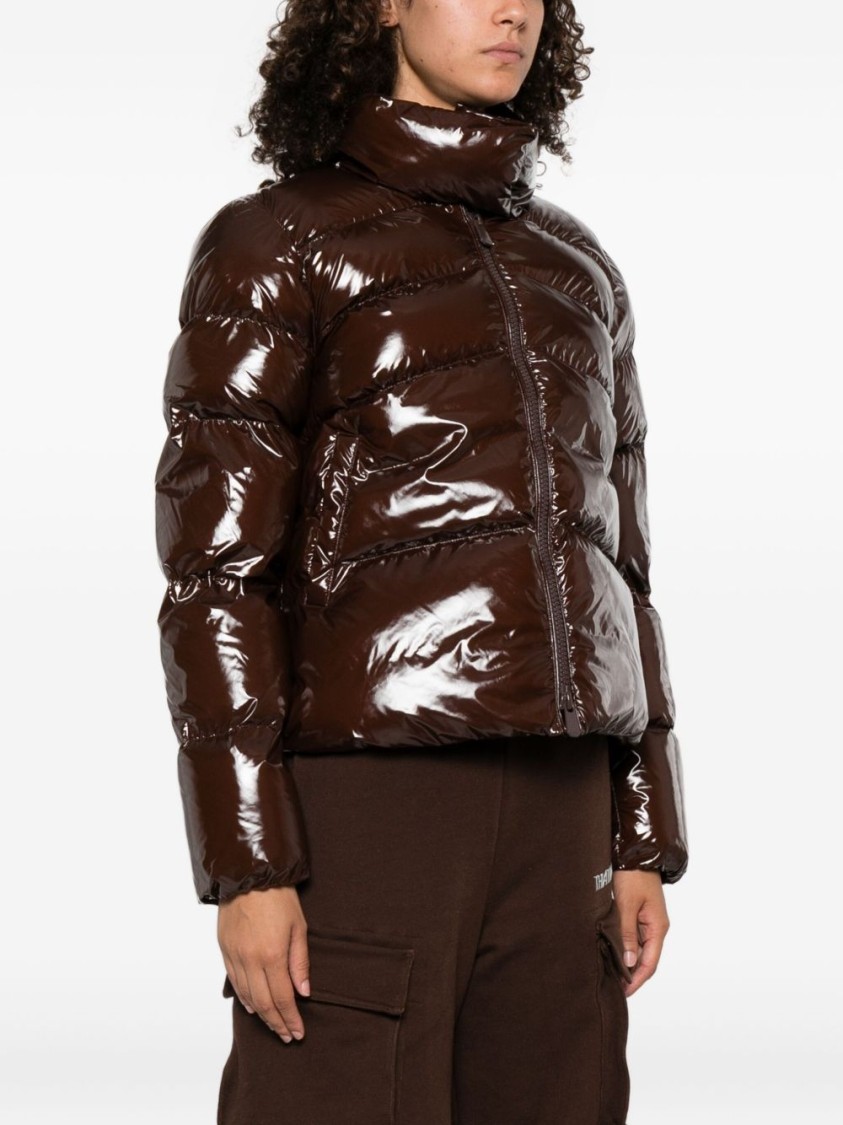 Pinko Quilted Brown Coat With High-shine Finish And Funnel Neck In Brown