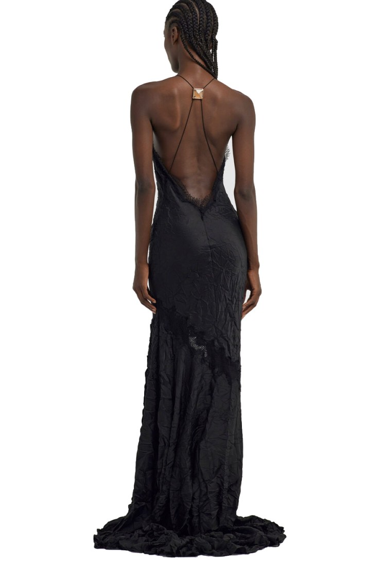 Shop Roberto Cavalli Asymmetrical Hem Evening Dress With Crinkled Texture In Black