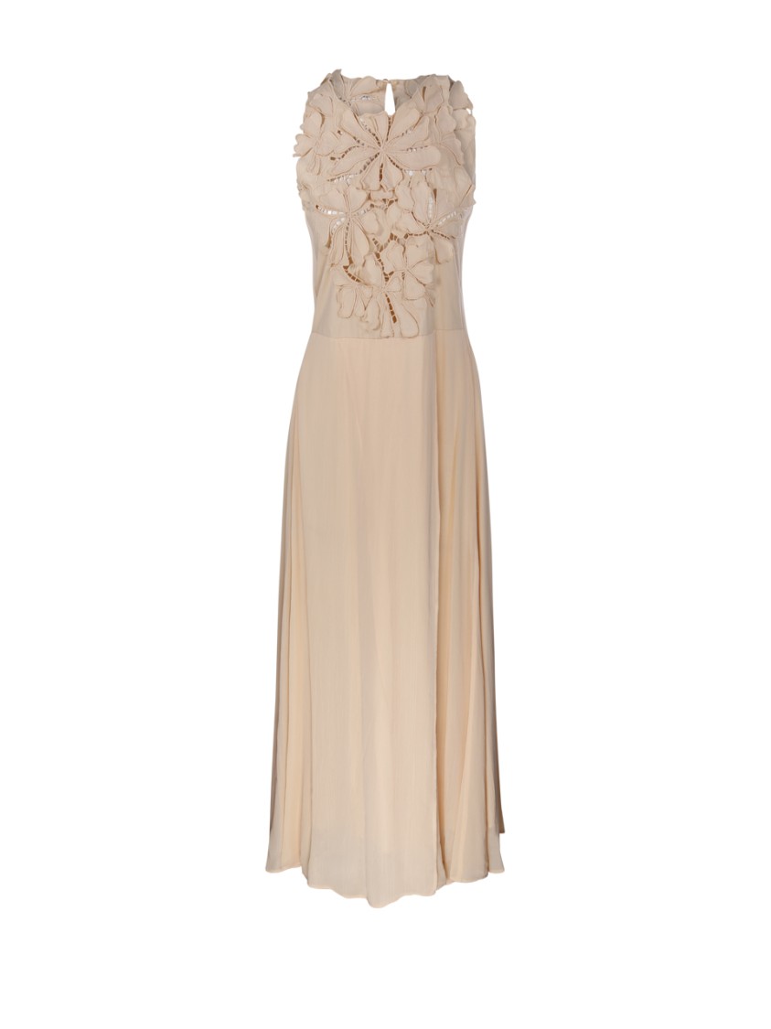 Shop Forte Forte Sleeveless Floral Appliqué Maxi Dress With Flowing Skirt In Neutrals