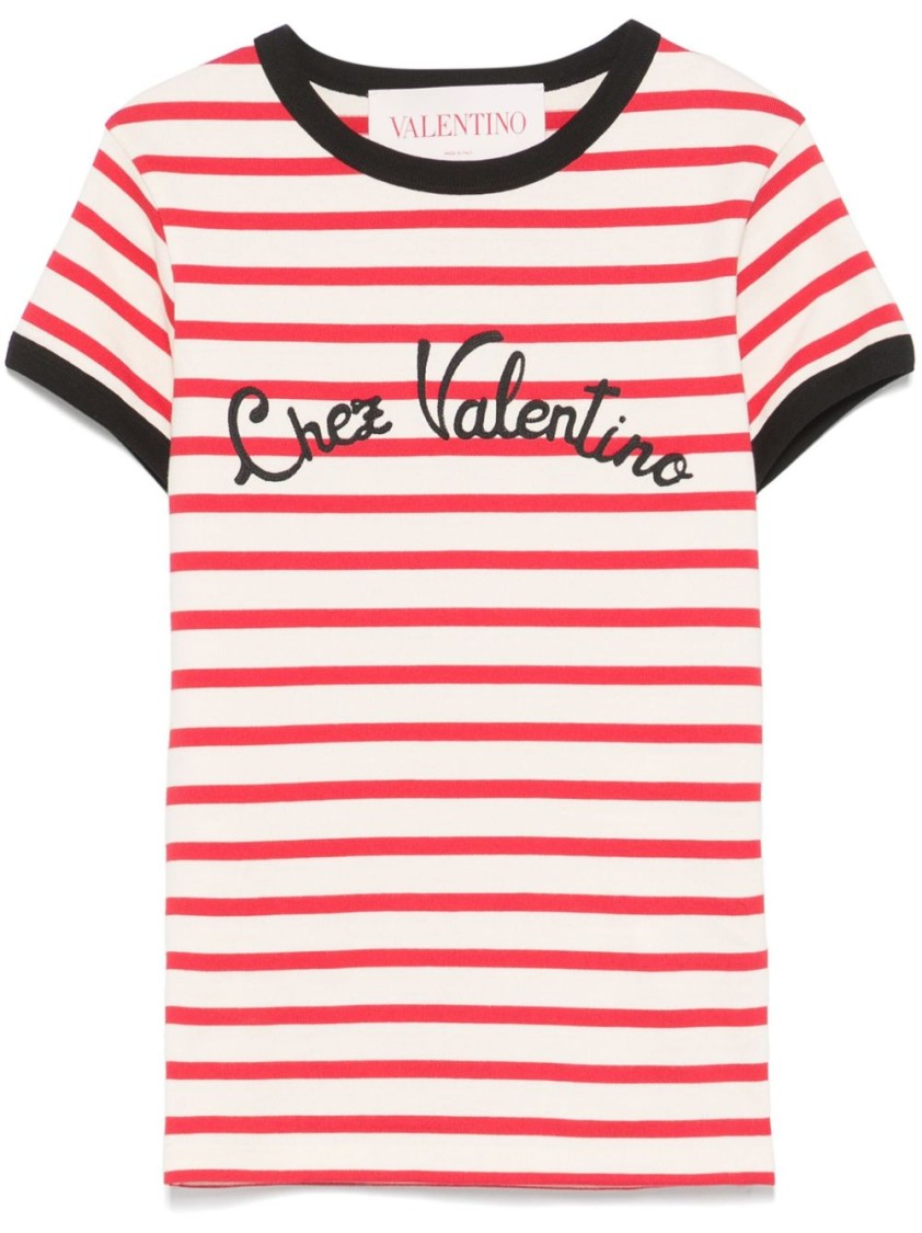 Valentino Women Ivory Striped Jersey Embroidered T-shirt