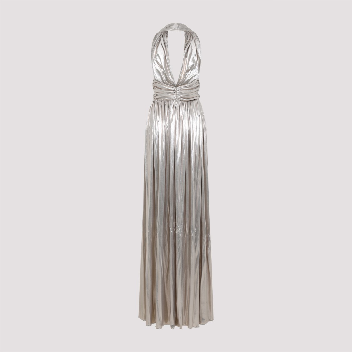 Giambattista Valli Laminated Gold Cotton Long Dress With Plunging Neckline