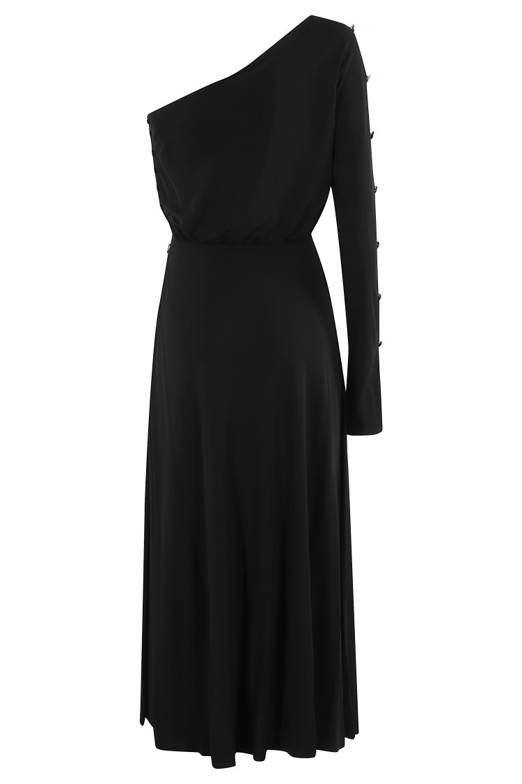 ELISABETTA FRANCHI ELISABETTA FRANCHI ONE-SHOULDER BLACK MIDI DRESS WITH FLARED SKIRT