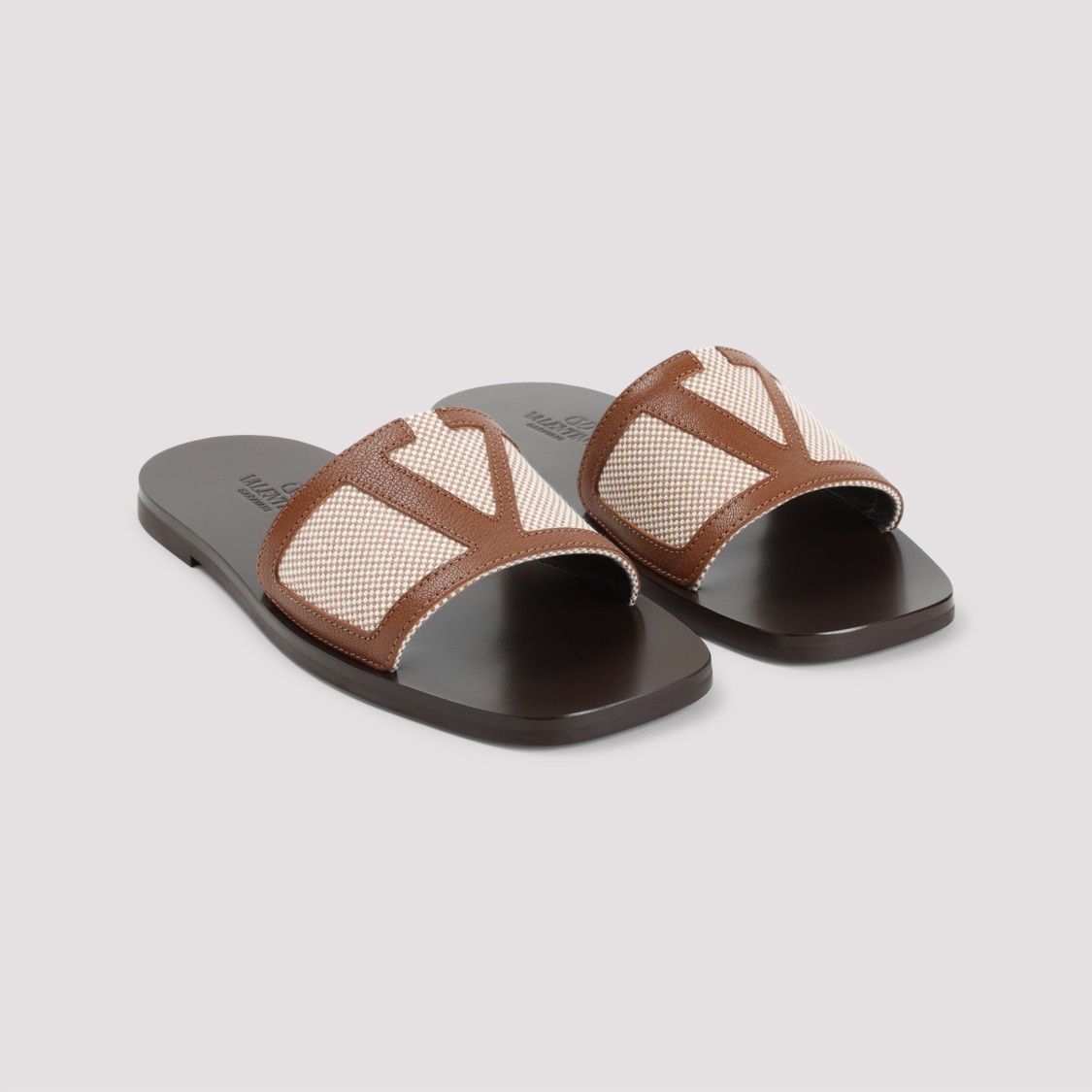 Valentino Brown Leather And Mesh Sandals With Textured Strap In Grey