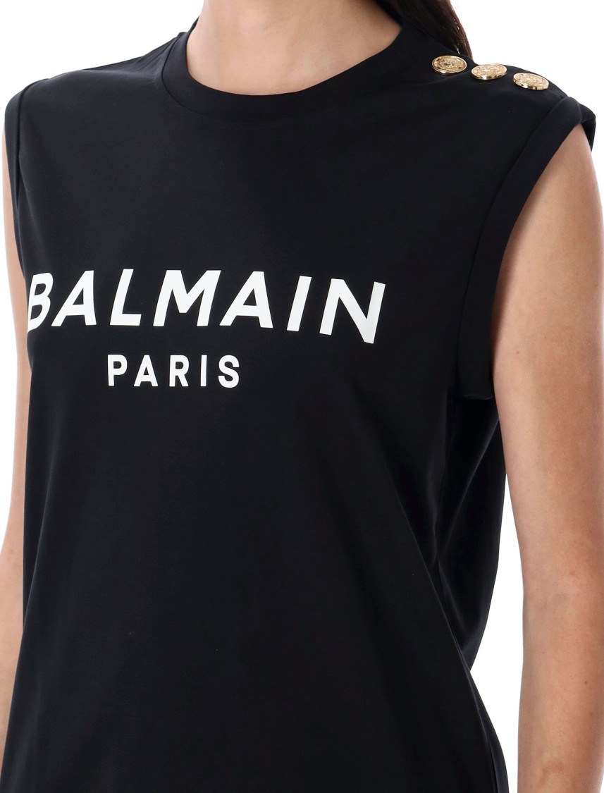 Balmain Black Crewneck T-shirt With Logo Print And Golden Buttons In Black