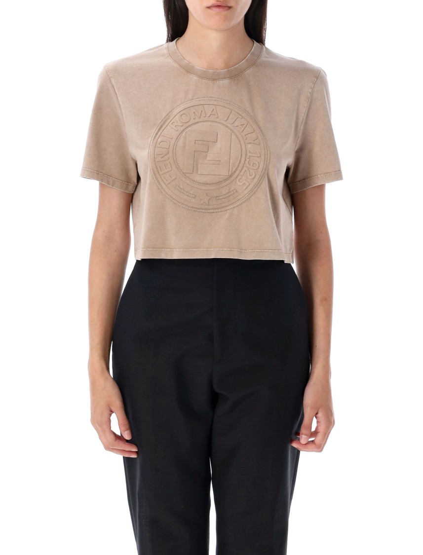 Fendi Cropped T-shirt With Embossed Logo In Brown