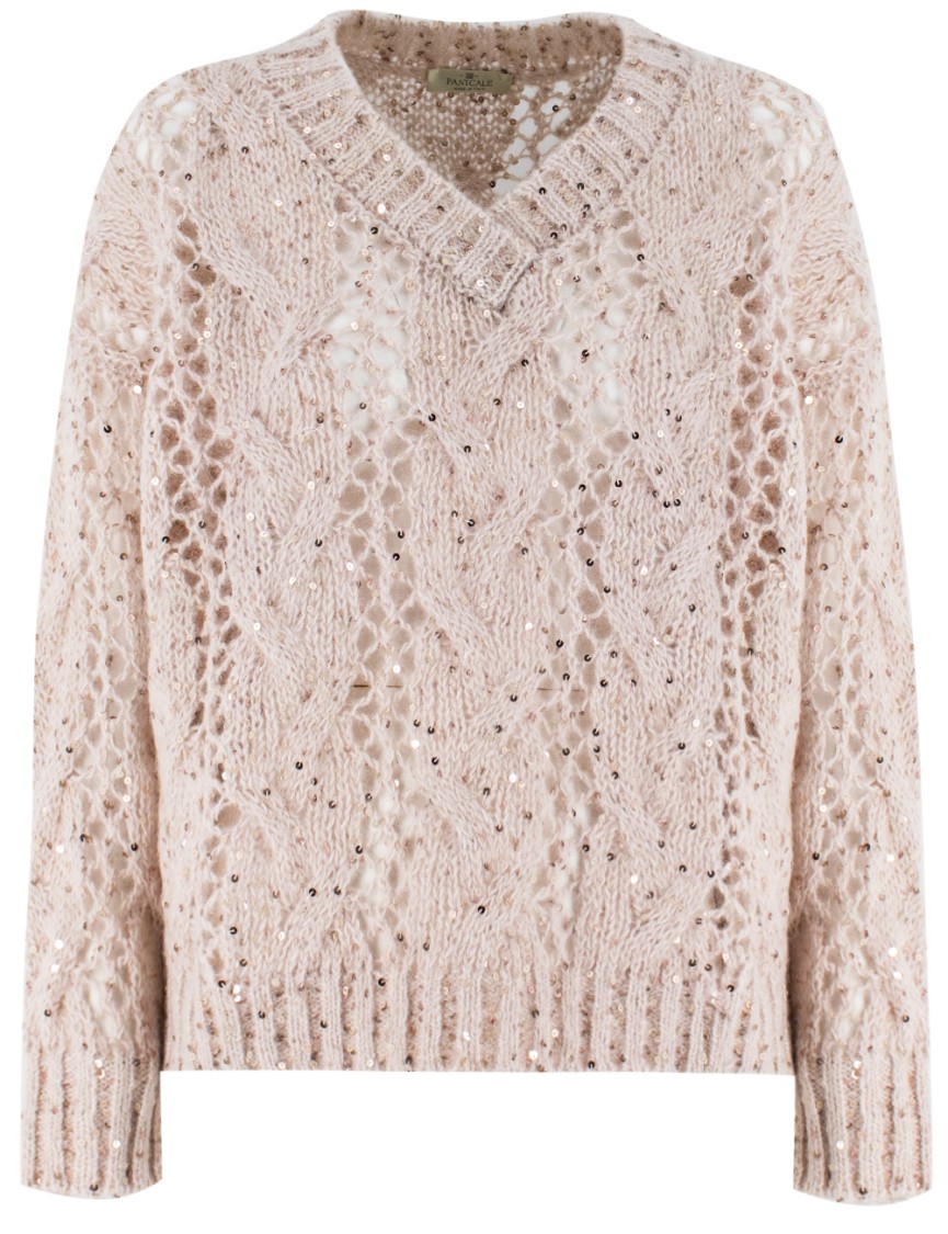 Panicale V-neck Sweater With Intricate Cable Knit In Neutrals