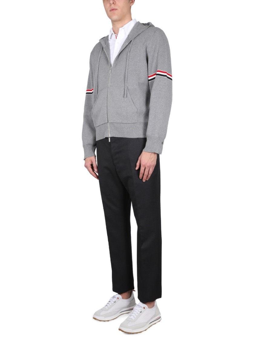 Thom Browne Zip-up Hoodie With Drawstring And Contrasting Striped Sleeves In Grey