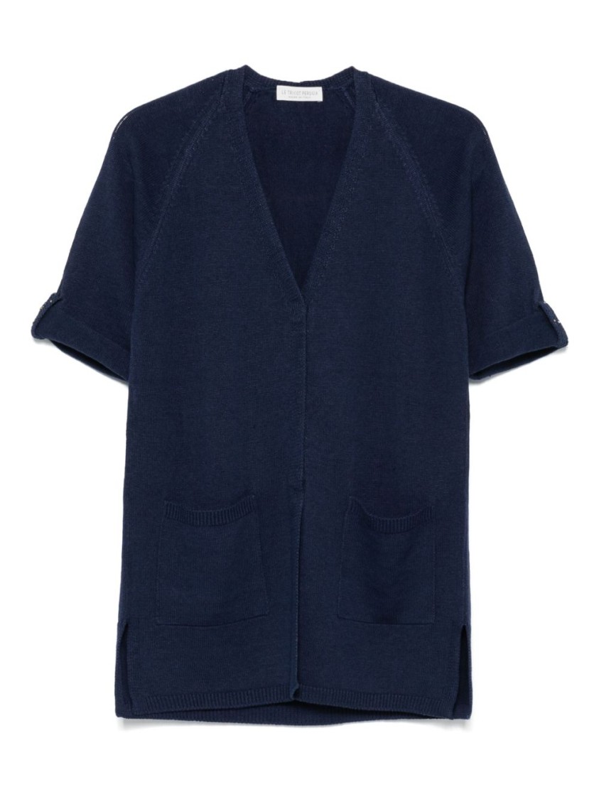Le Tricot Perugia Short-sleeved Blue Cardigan With Hidden Closure In Blue