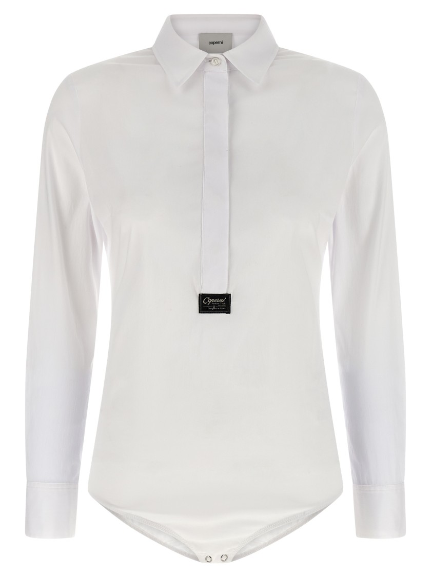 Coperni Shirt-style Bodysuit With Logo Patch And Concealed Closure In White