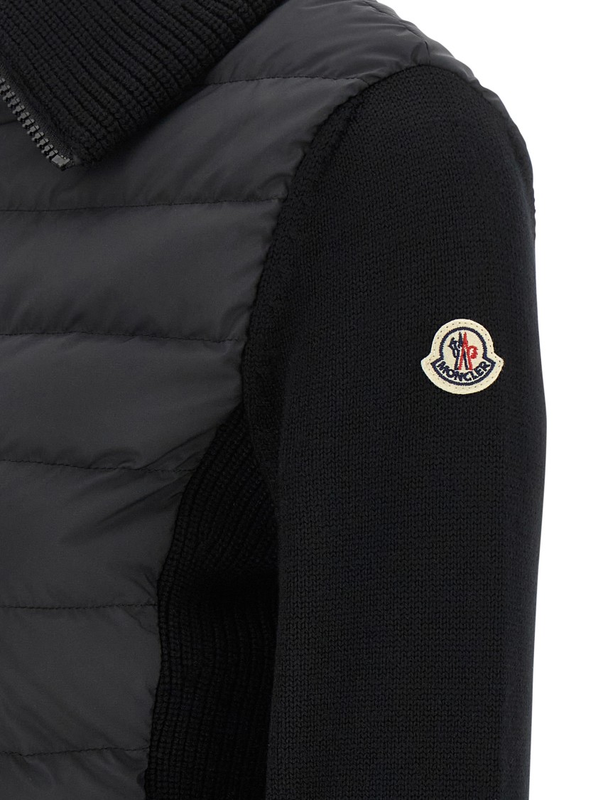 Moncler Two-material Cardigan With Goose Down Padding And High Neck In Black