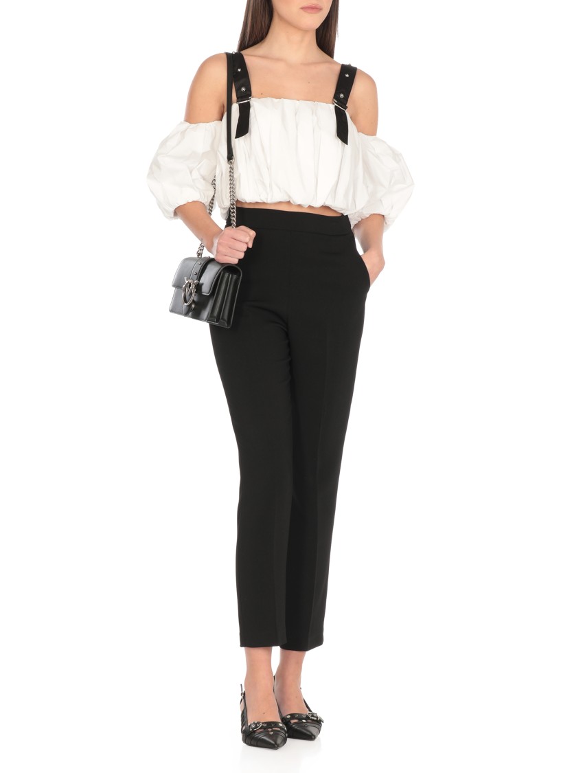 Pinko Cropped Beige Top With Puff Sleeves And Adjustable Straps