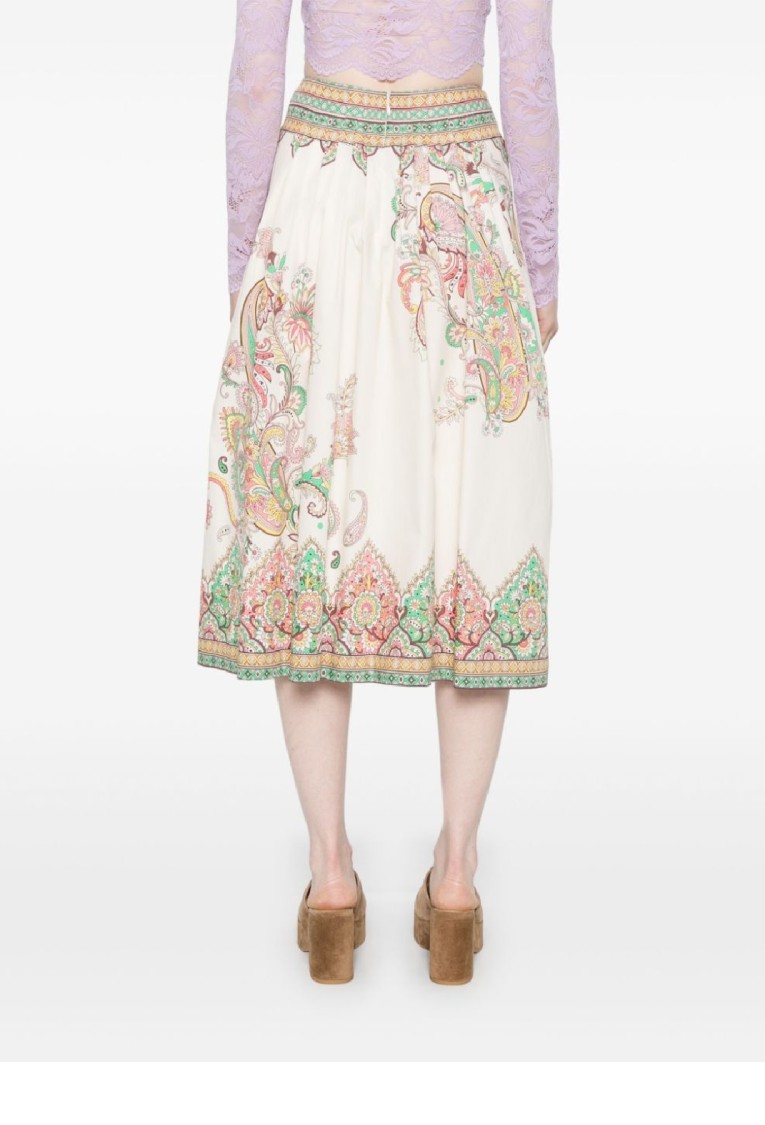 Etro Womens Print On White Base Floral-print High-rise Cotton Midi Skirt In Neutral