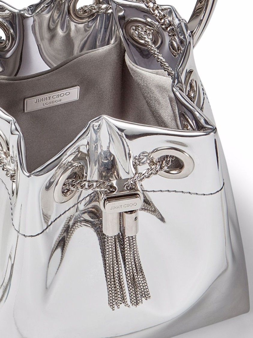 Jimmy Choo Structured Metallic Bucket Bag With Circular Handles In Silver