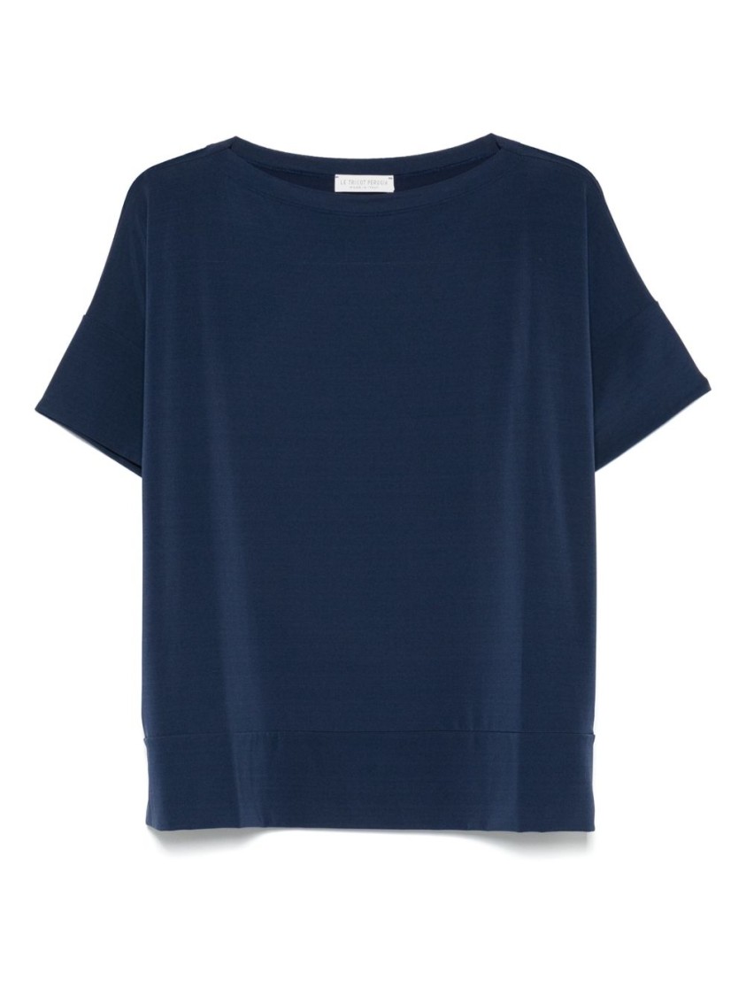 Le Tricot Perugia Relaxed Fit Blue T-shirt With Rounded Neckline In Blue