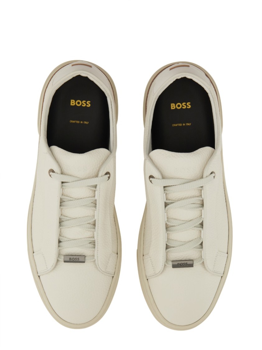 Hugo Boss Gary Tenn Mens Leather Low-top Trainers With Branded Lace Loop Nos In White