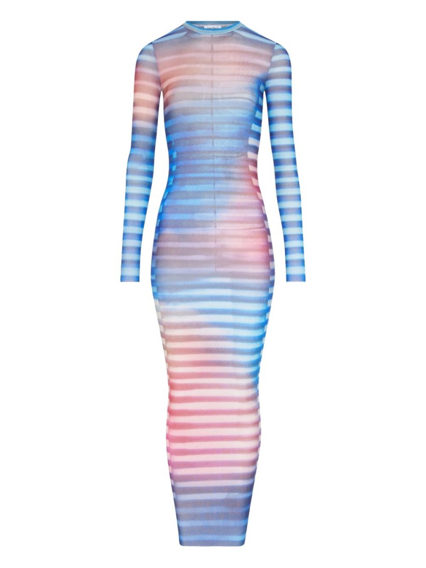 Jean Paul Gaultier Mesh Striped Bodycon Maxi Dress In Blue