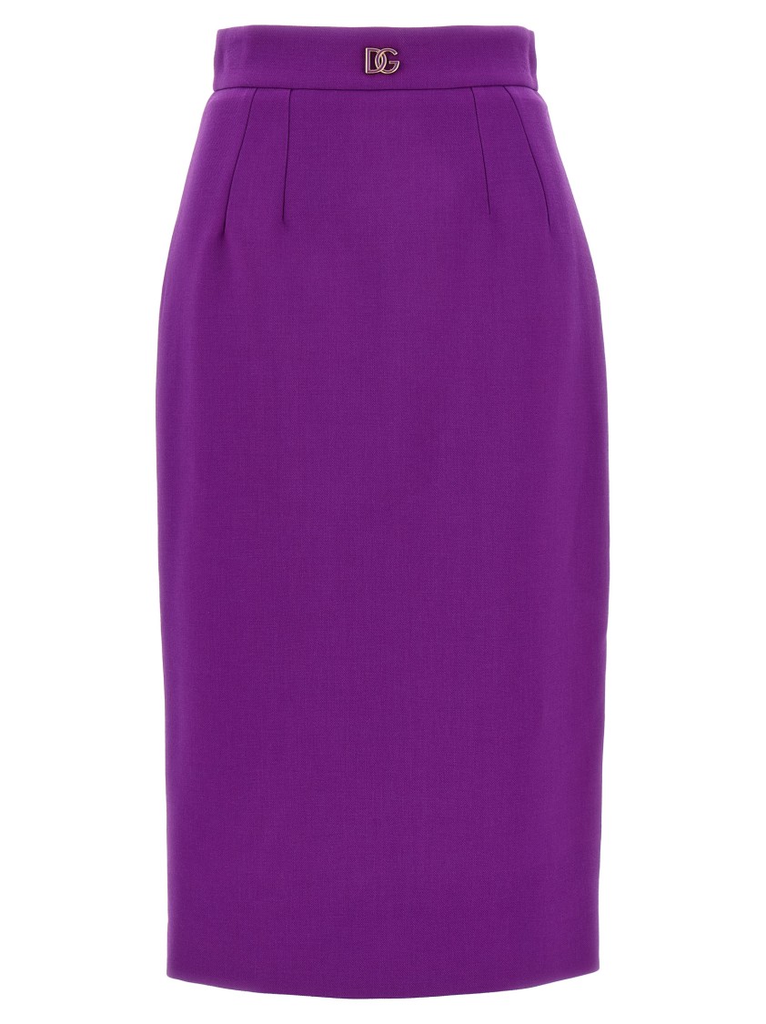 Dolce & Gabbana Metallic Logo Skirt Front Slit High Waist In Purple