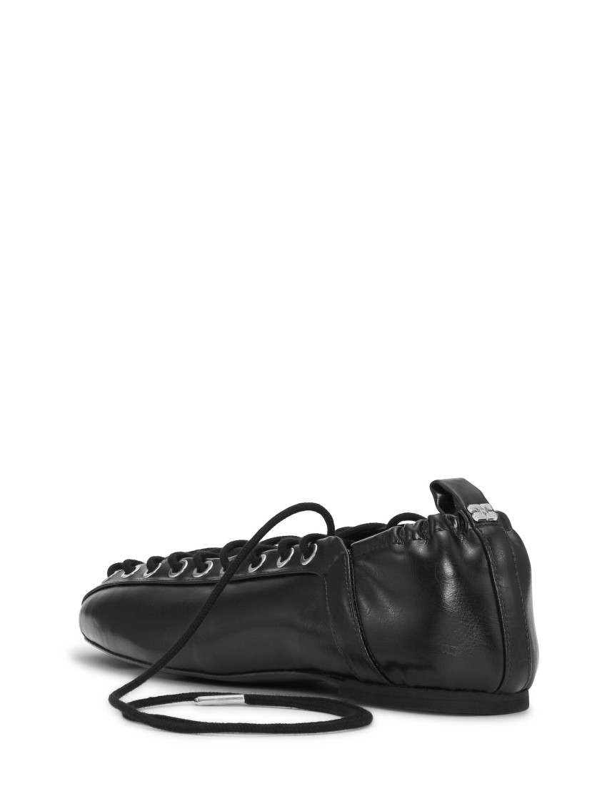 Ganni Eyelets Lace-up Ballerina Flats With Crinkle Oleatex Finish In Black