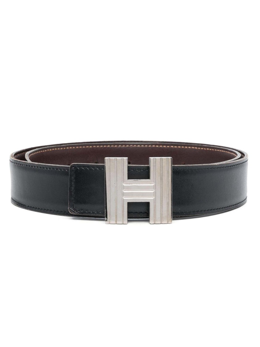 Pre-owned Hermes Hermès Reversible Leather Constance H Belt In Black