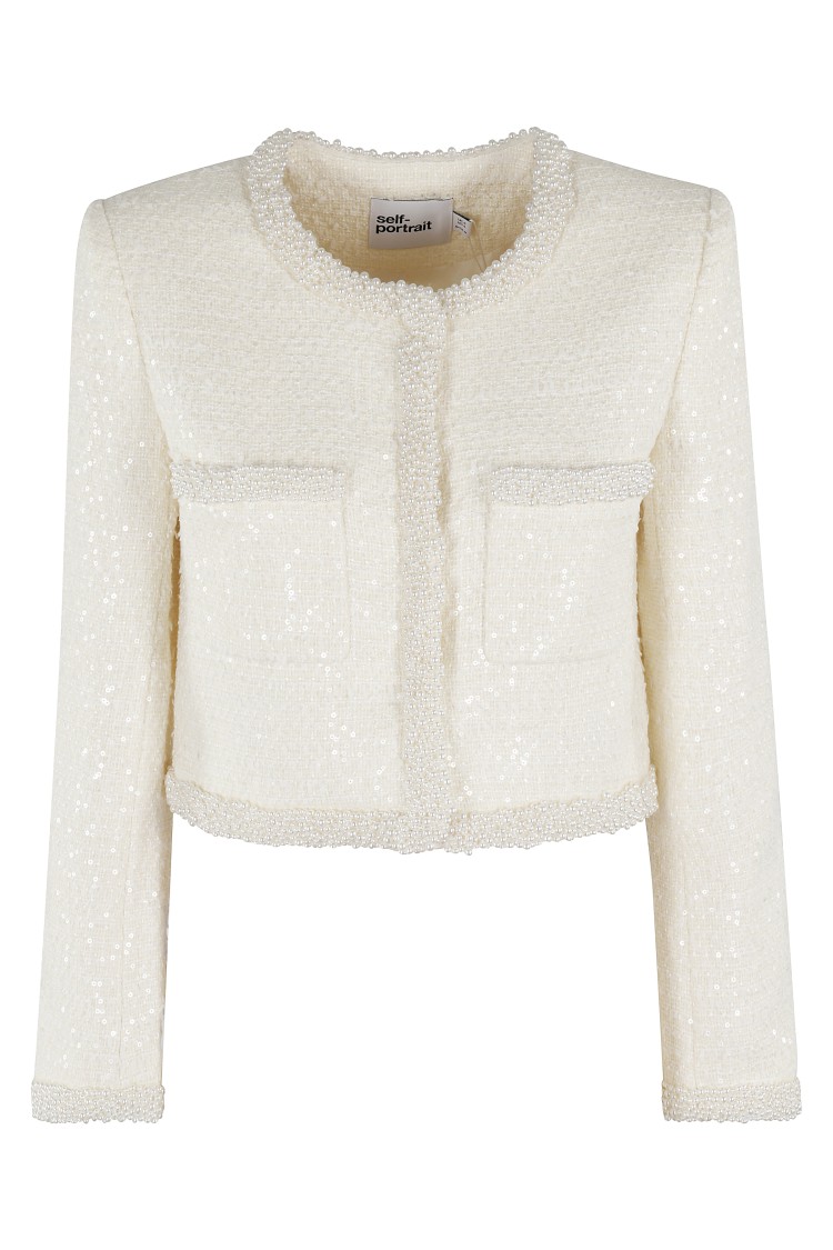 Shop Self-portrait Cream Boucle Pearl Trim Jacket In Neutrals