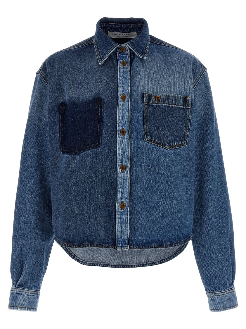 Philosophy Di Lorenzo Serafini Blue Shirt With Classic Collar And Logo Detail On The Pocket In Denim Woman In Blue