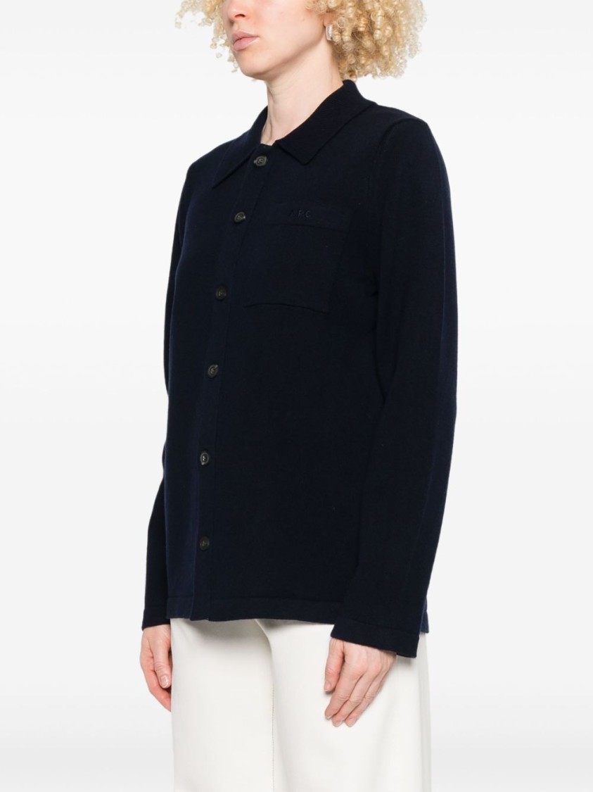 Apc A.p.c. Midnight Blue Wool Shirt With Chest Pocket In Black