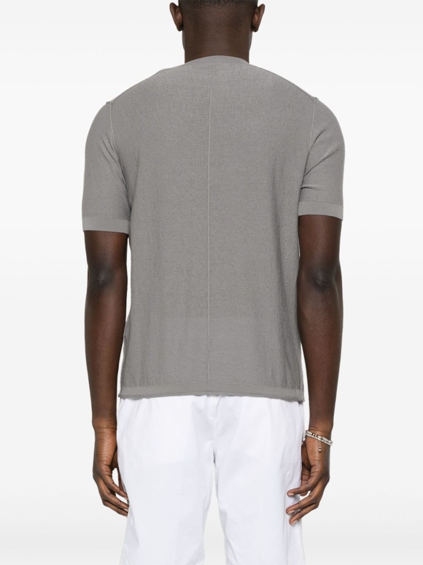Paolo Pecora Grey Slub Knit T-shirt With Decorative Stitching In Animal Print