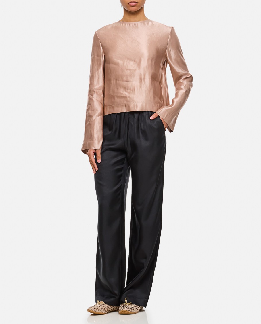 Shop Loulou Studio Silk And Linen Round Neck Blouse In Pink