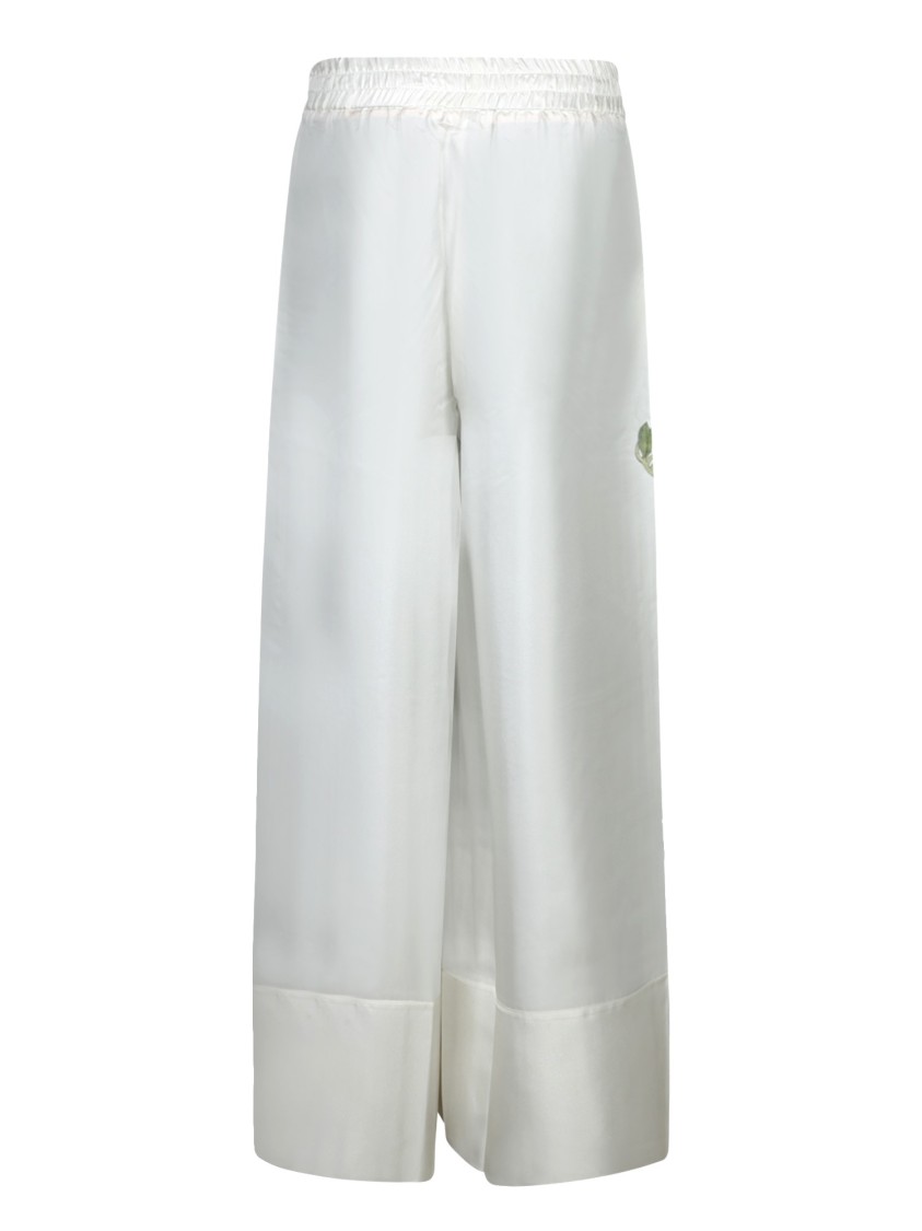 Shop Pierre-louis Mascia White Wide-leg Trousers With Floral Print Accents