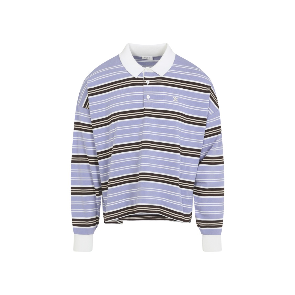 CELINE Cotton knit polo shirt with striped motif triomphe