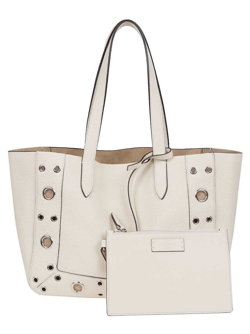 Valentino Garavani Medium Textured Leather Tote With Ball Studs And Signature Logo In White