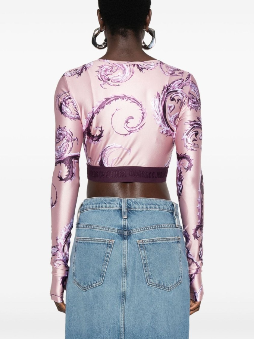 Shop Versace Jeans Couture Long Sleeve Cropped T-shirt With Glossy Finish In Pink