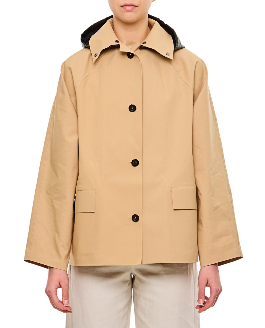 Kassl Editions Short Beige Trench Coat With Removable Hood In Neutral